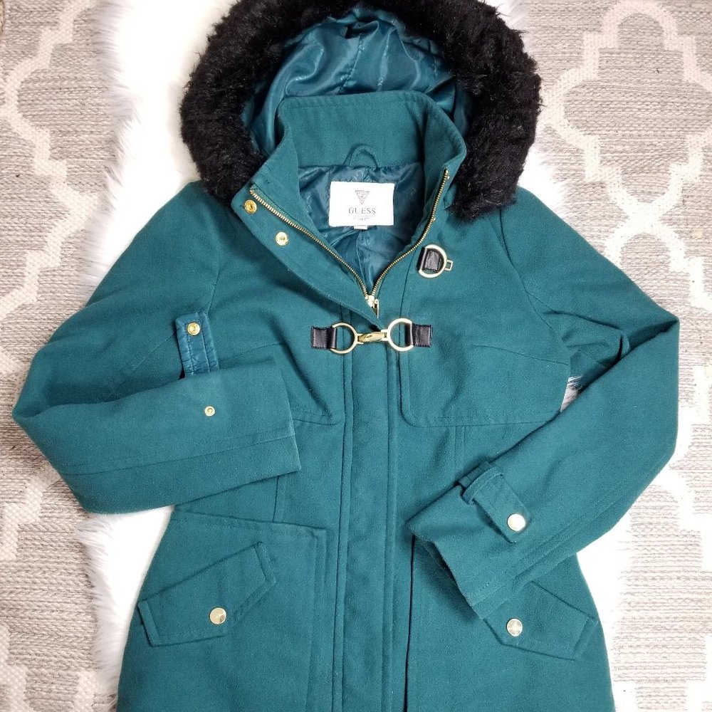 GUESS WOOL VINTAGE FUR HOOD WINTER COAT Size M